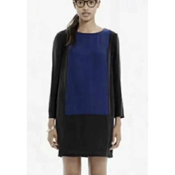 Madewell Silk Blend Blue Black Color Block Sheath Dress Exposed Back Zipper XS - Picture 1 of 10